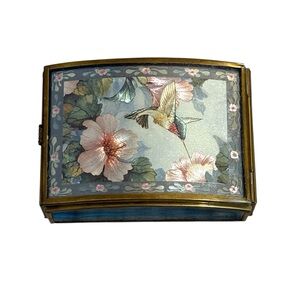 VTG Enesco Glass and Brass Jewelry Trinket Music Box With Floral & Hummingbirds
